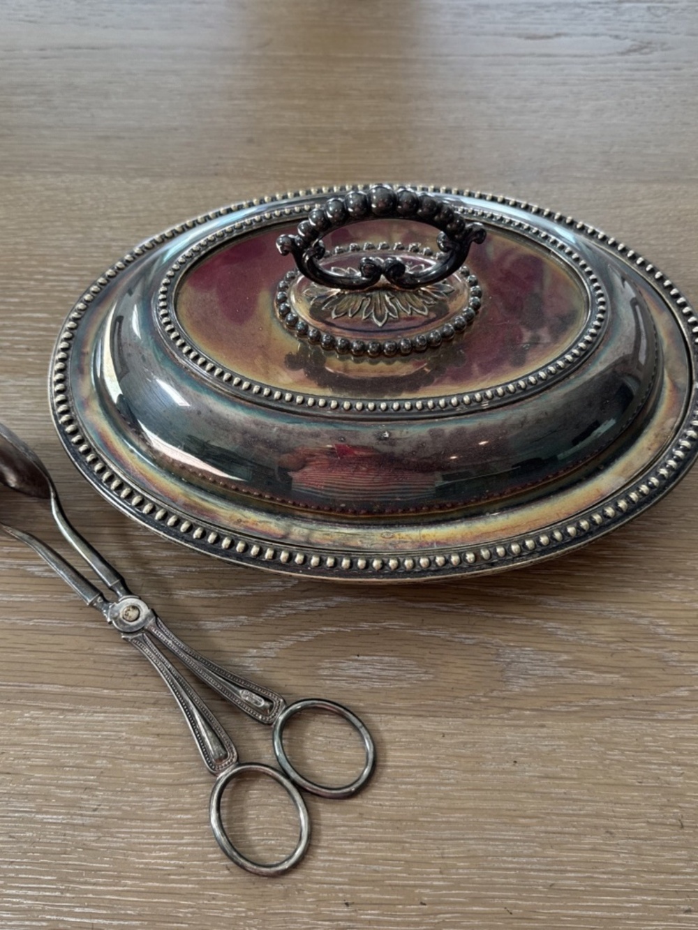 Vintage Silver Plate Italy France Serving Tray Lid Tongs Lidded Oval Server 2 3